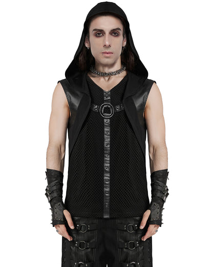 WT-936BXM Mens Apocalyptic Cyberpunk Mesh Overlay Hooded Tank Top Vest