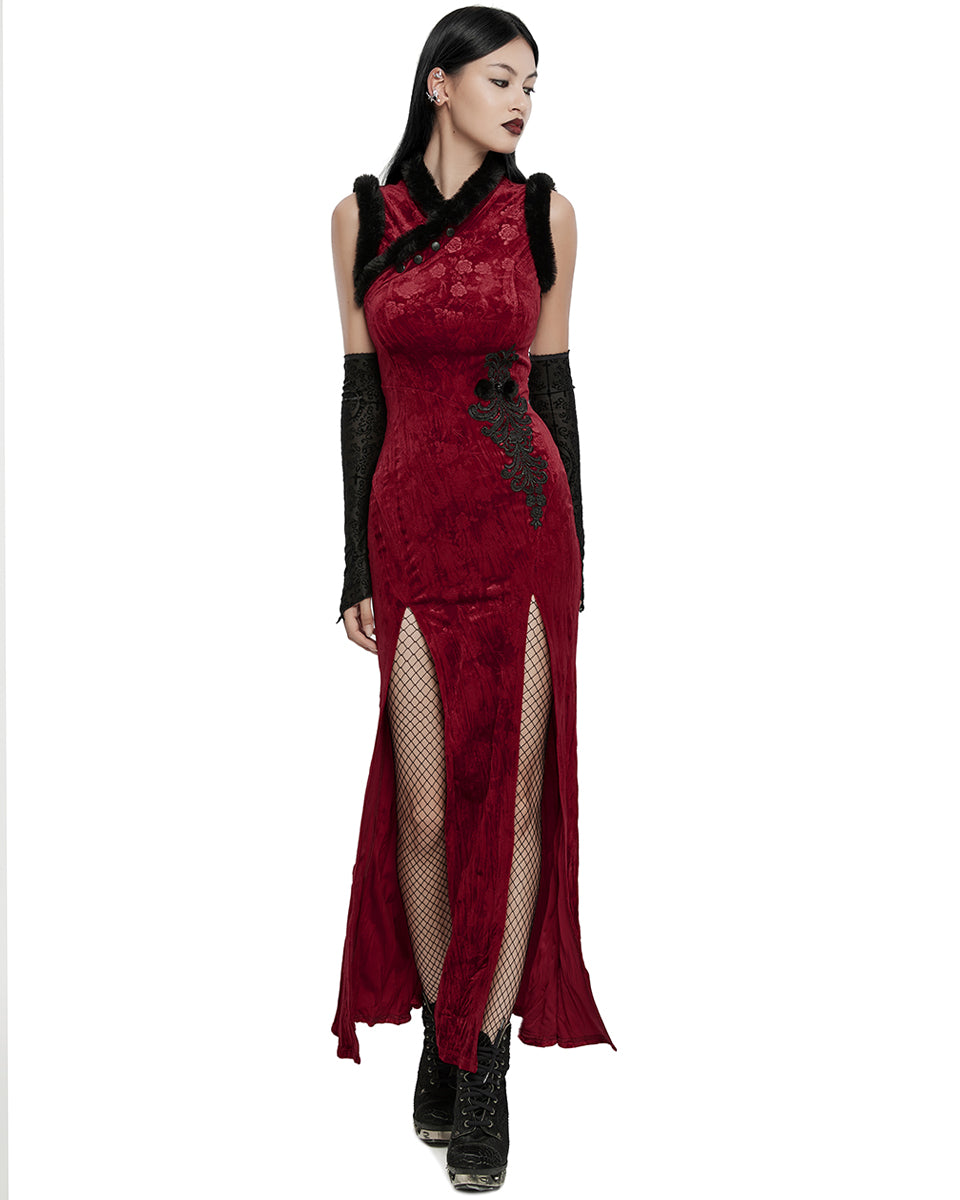 WQ-756LQF Womens Gothic Embossed Rose Velvet & Faux Fur Cheongsam Dress - Red