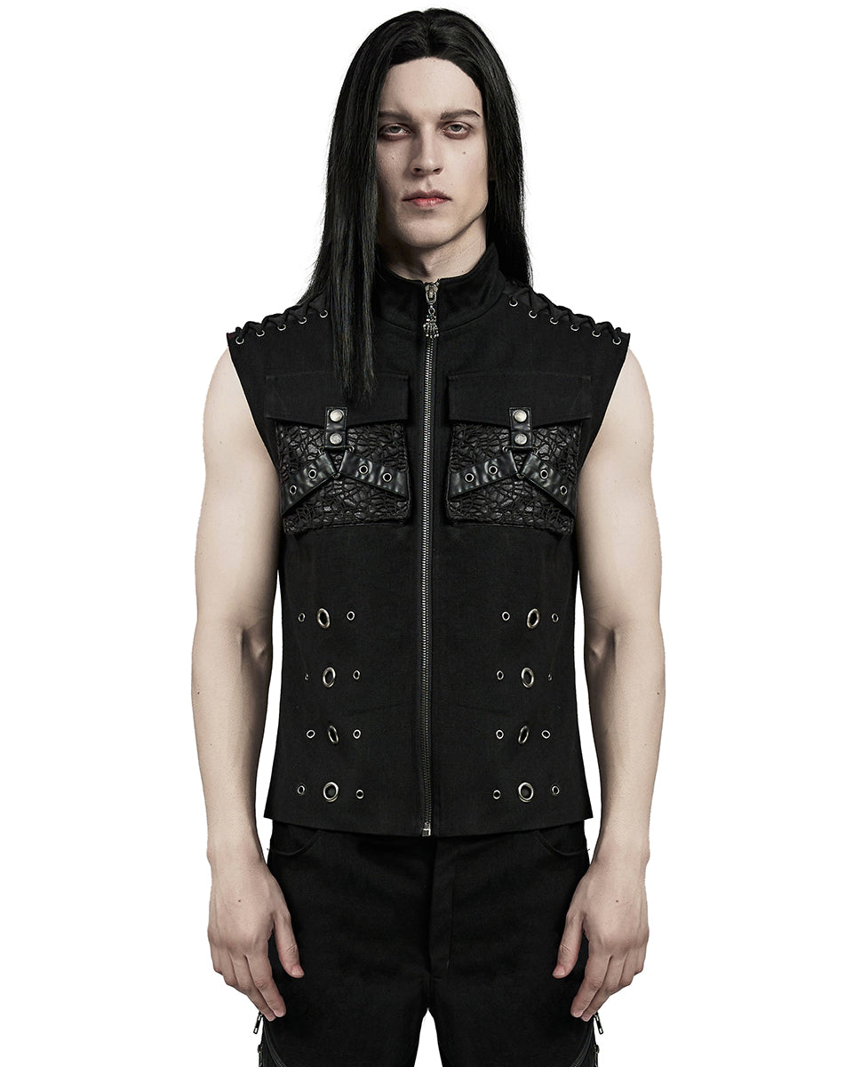 WY-1610MJM-BKM Mens Apocalyptic Gothic Mesh Utility Pocket Waistcoat Vest - Black