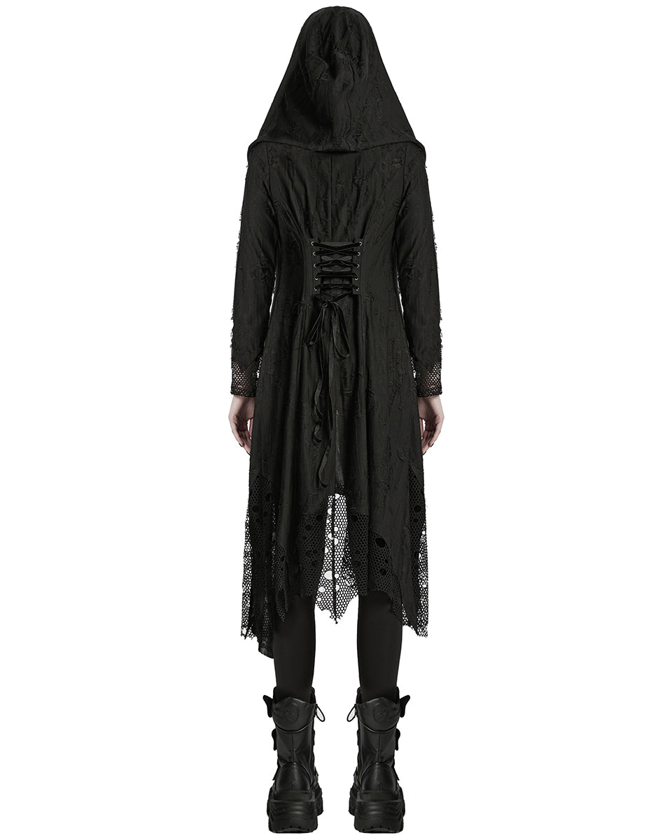 WY-1713XCF Womens Apocalyptic Gothic Broken Knit Hooded Piercing Cloak Jacket