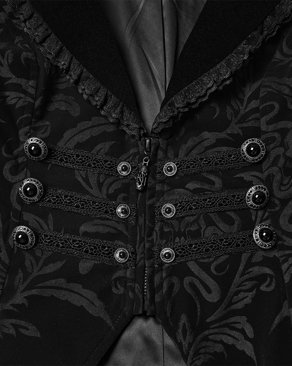 WY-1833LDF Womens Gothic Aristocrat Damask Velvet Frock Coat Jacket - Black