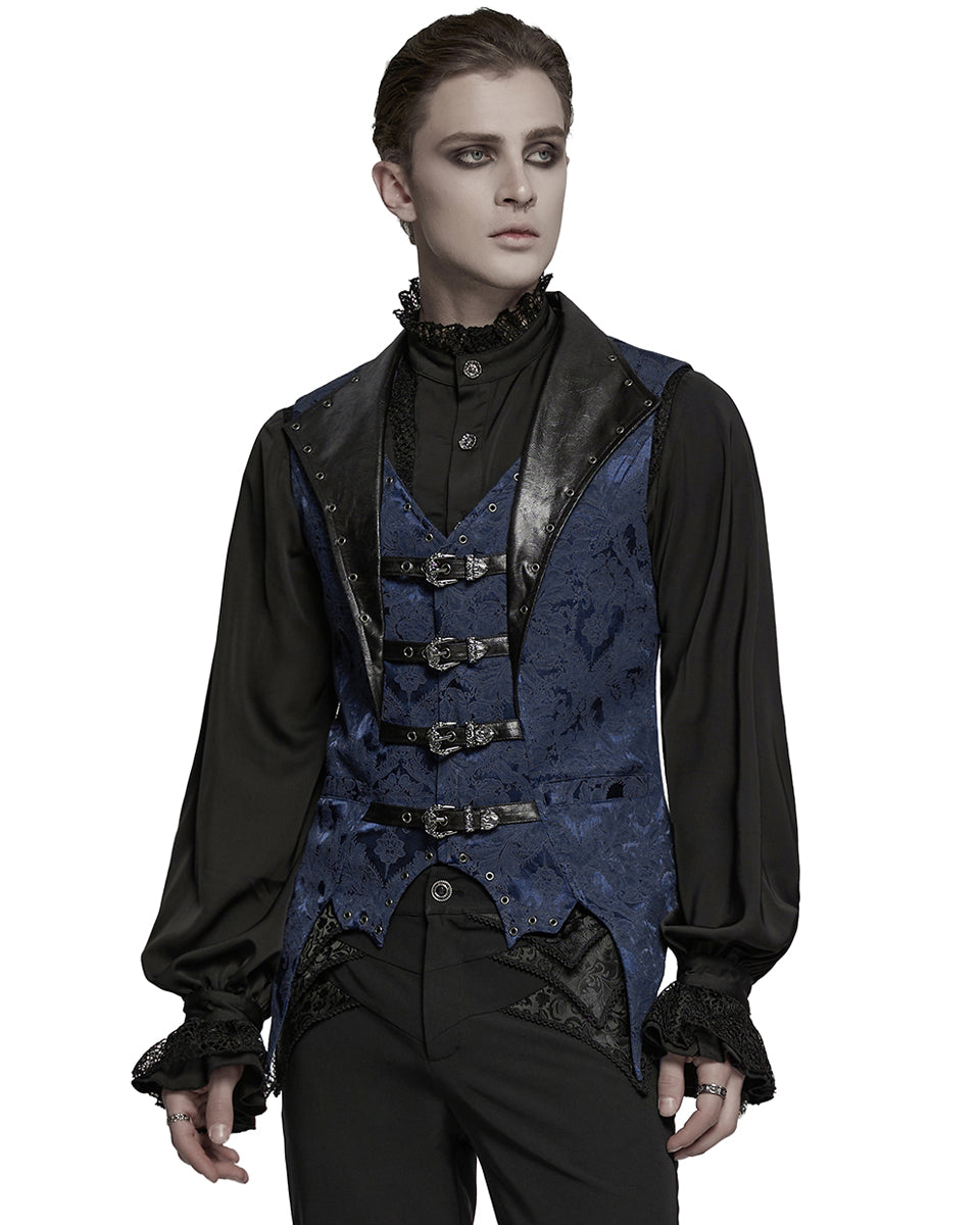 WY-1765MJM Mens Dark Victorian Gothic Damask Jacquard Waistcoat Vest - Blue
