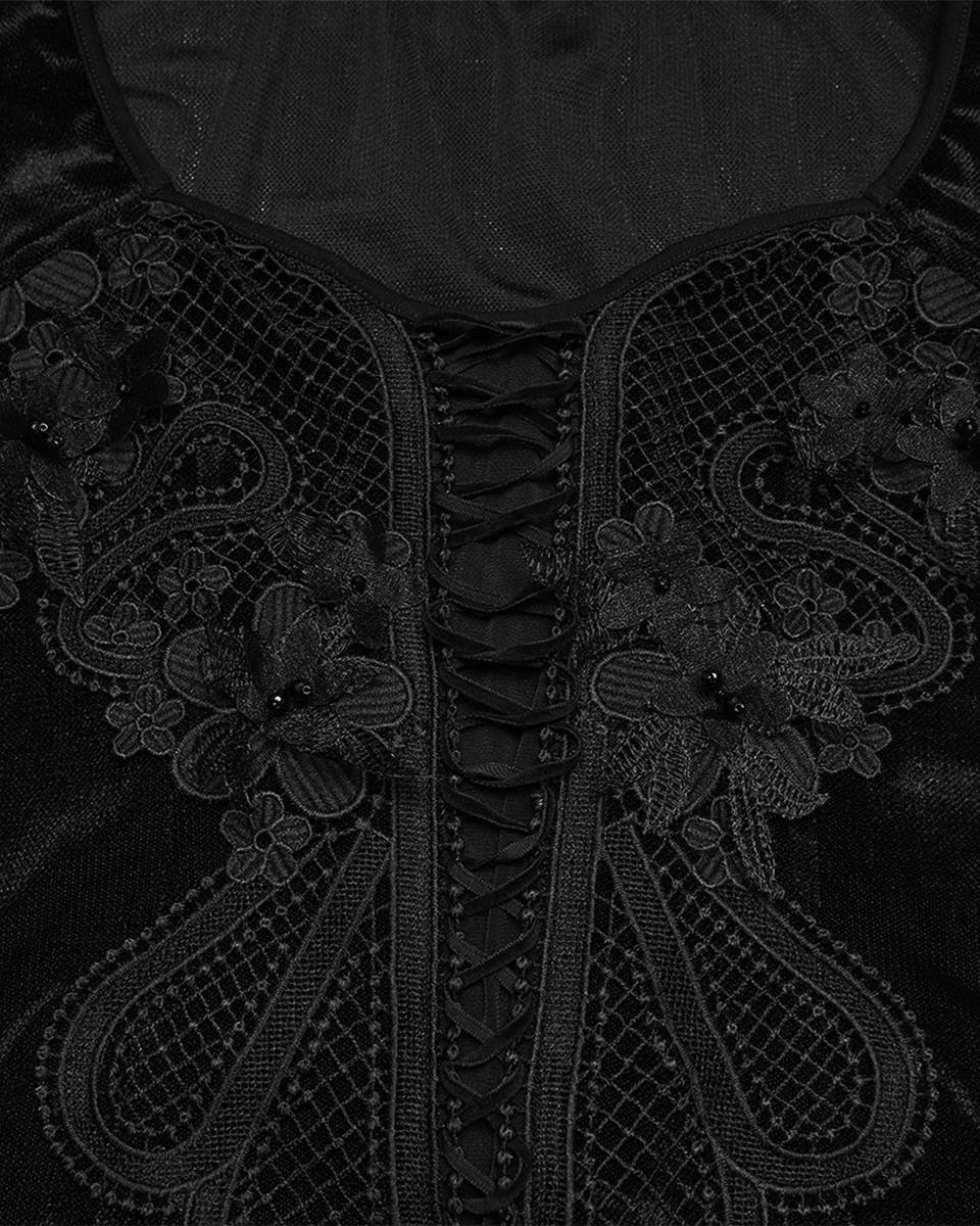 PR-WT-1069TCF-BKF Womens Elegant Gothic Velvet & Mesh Lace Applique Blouse Top