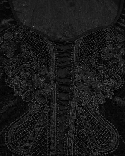PR-WT-1069TCF-BKF Womens Elegant Gothic Velvet & Mesh Lace Applique Blouse Top