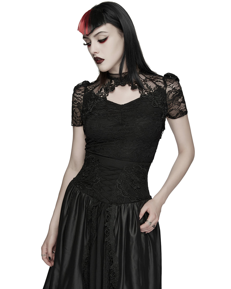 PR-OPT-989TDF-BKF Womens Elegant Gothic Lace Overlayer Applique T-Shirt Top