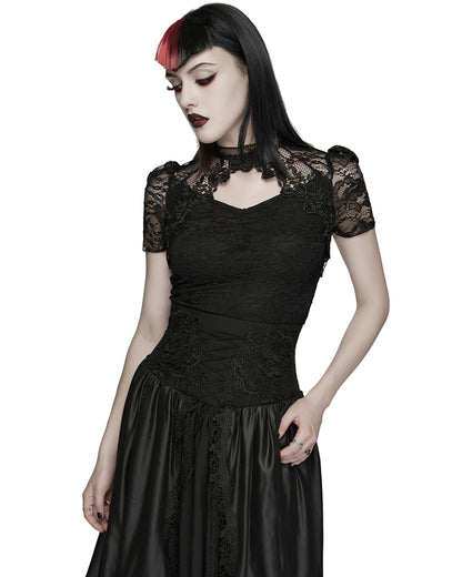 PR-OPT-989TDF-BKF Womens Elegant Gothic Lace Overlayer Applique T-Shirt Top
