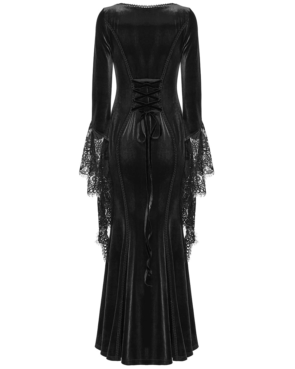 OQ-850LQF Daily Life Womens Long Gothic Velvet Applique Maxi Dress - Black