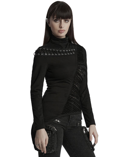 OT-952TCF-BKF Daily Life Womens Asymmetric Apocalyptic Spliced Mesh Top