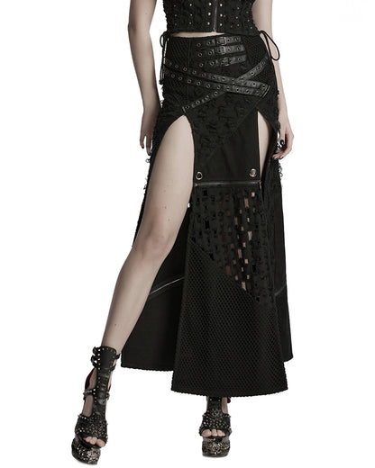 WQ-847BQF-BKF Womens Apocalyptic Punk Spliced Broken Knit Detachable Skirt