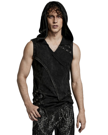 PR-T770-BKM Mens Distressed Apocalyptic Gothic Asymmetric Hooded Tank Top Vest