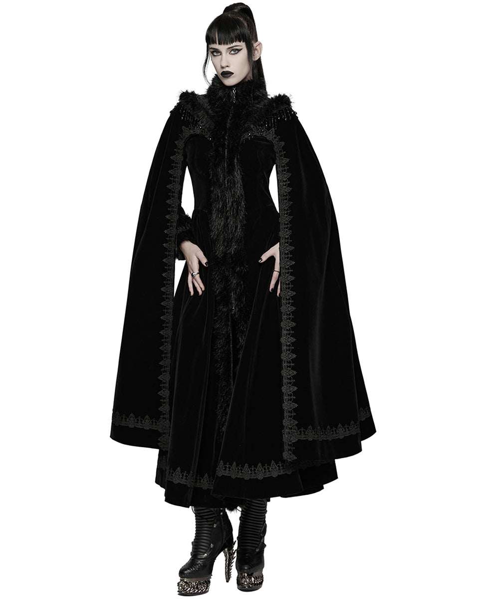 WY-1811DPF Womens Long Elegant Gothic Velvet & Faux Fur Beaded Cloak Coat