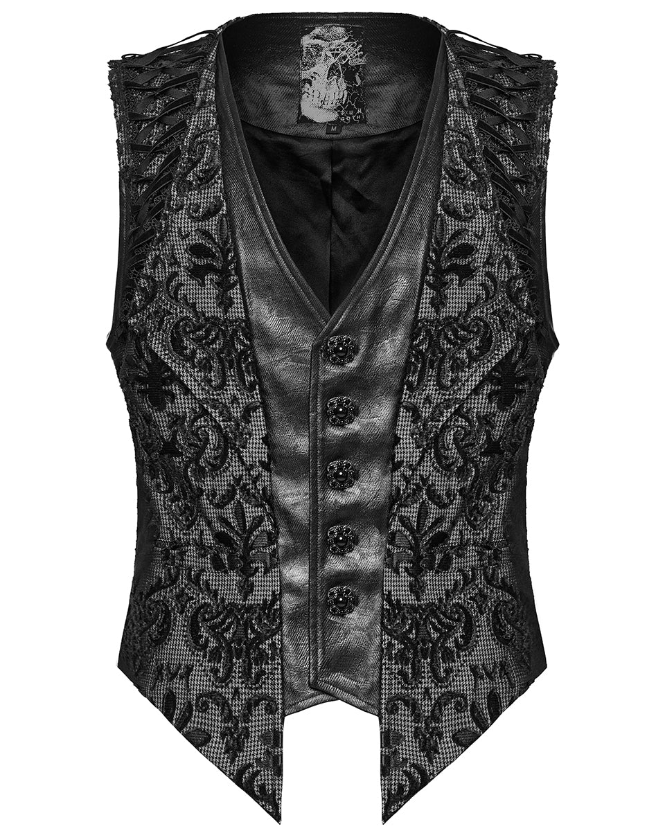 WY-1793MJM-BK-WHM Mens Gothic Aristocrat Houndstooth Damask Waistcoat Vest - Black & White