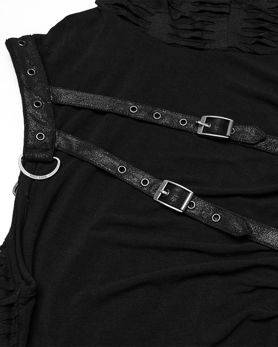 WT-1003BXM-BKM Mens Apocalyptic Gothic Spliced & Shredded Hooded Tank Top Vest