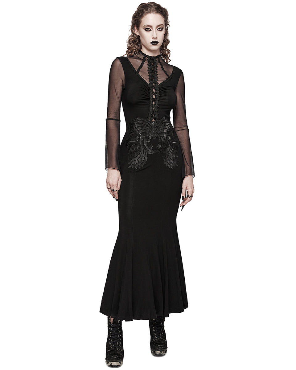 WQ-697LQF-BKF Long Gothic Lace Applique Evening Maxi Dress