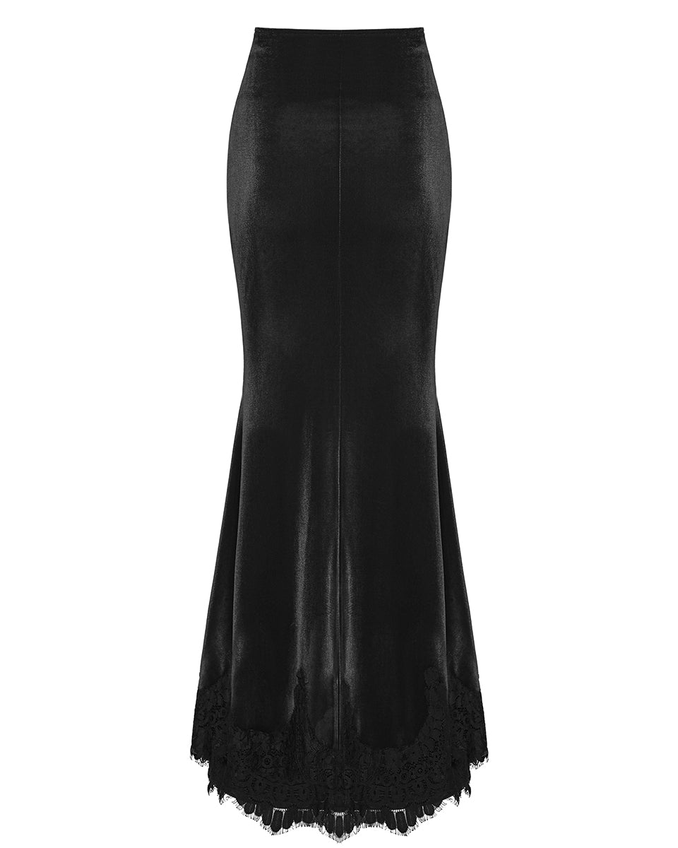 PR-OQ-844BQF-BKF Daily Life Womens Long Gothic Velvet Ruched Split Waist Skirt - Black