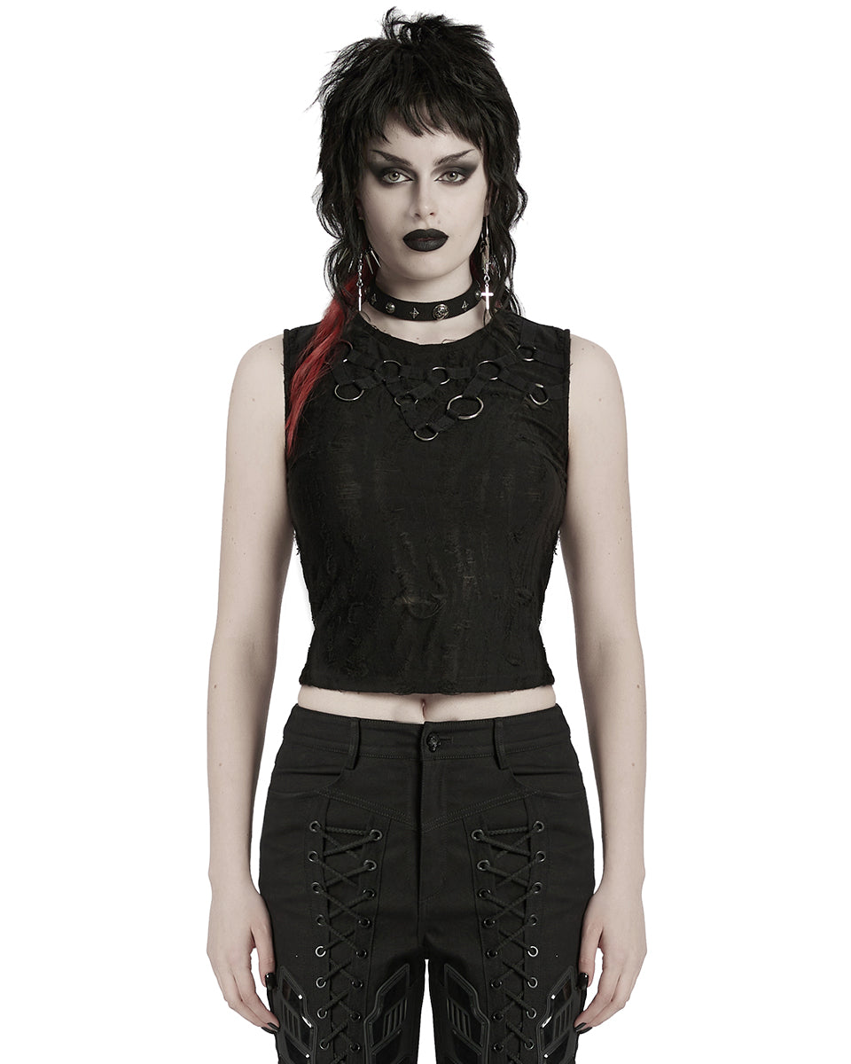 WT-920BXF-BKF Womens Apocalyptic Punk Shredded Broken Knit Tank Top Vest
