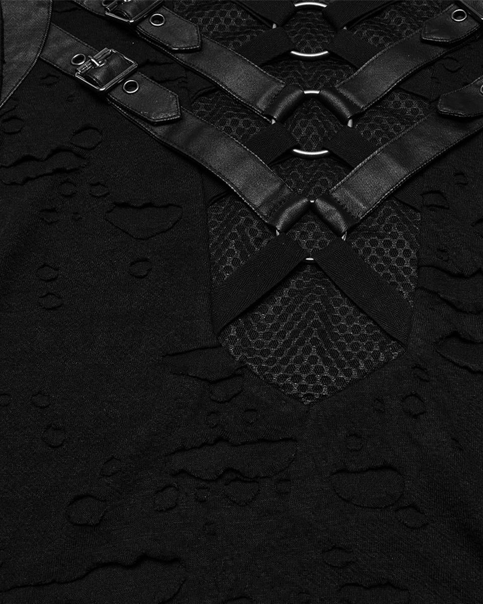 WT-1005TDM-BKM Mens Apocalyptic Gothic Shredded Fishnet Inset T Shirt Top
