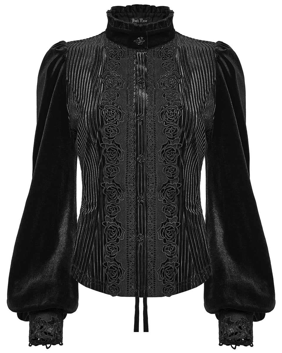 WY-1798CCF Womens Elegant Gothic Striped Velvet & Lace Applique Blouse Top - Black