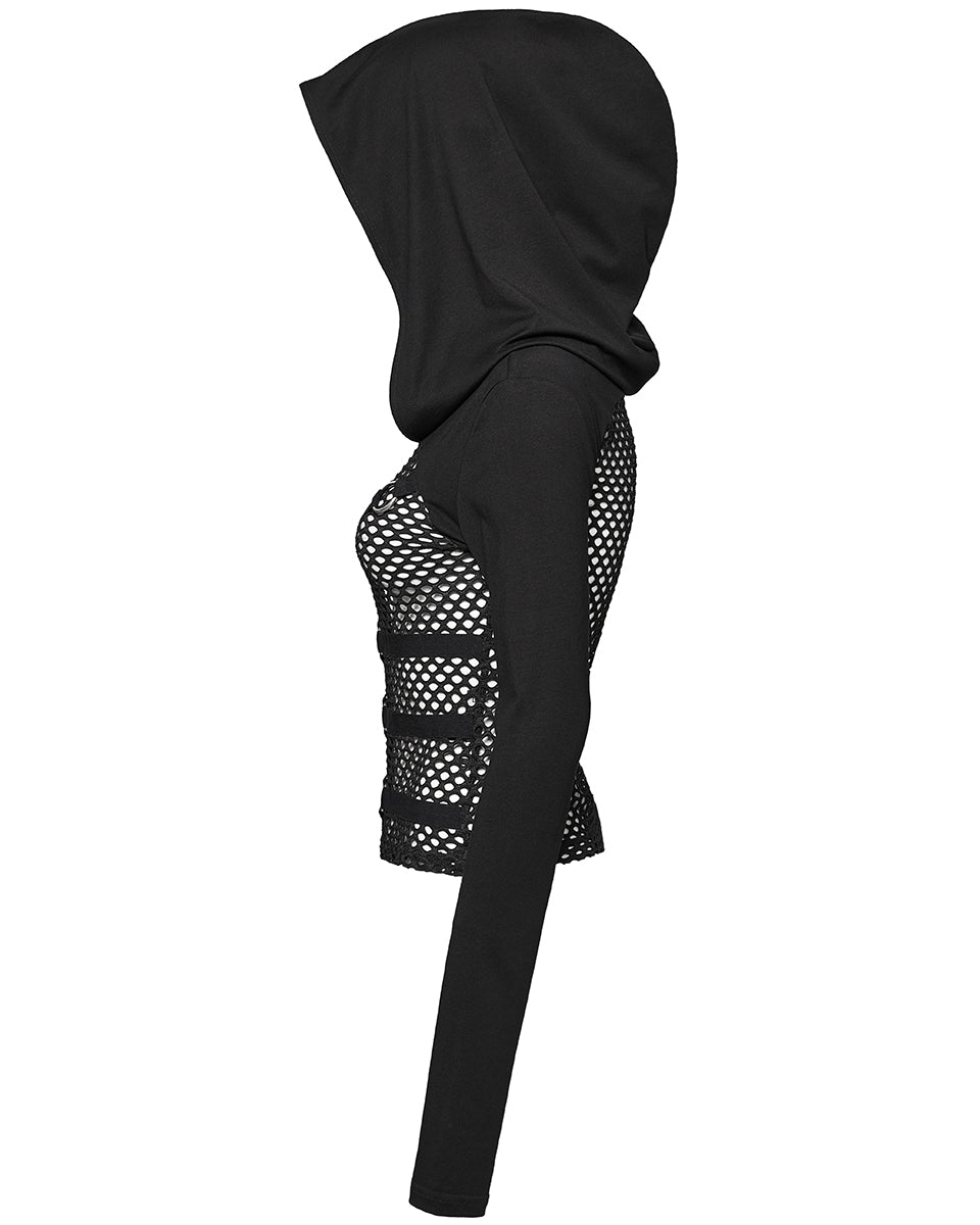 WT-916TCF Womens Fishnet Strapping Hooded Muffler Top