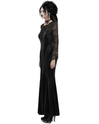 WQ-763LQF Womens Long Gothic Velvet & Lace Applique Maxi Dress - Black