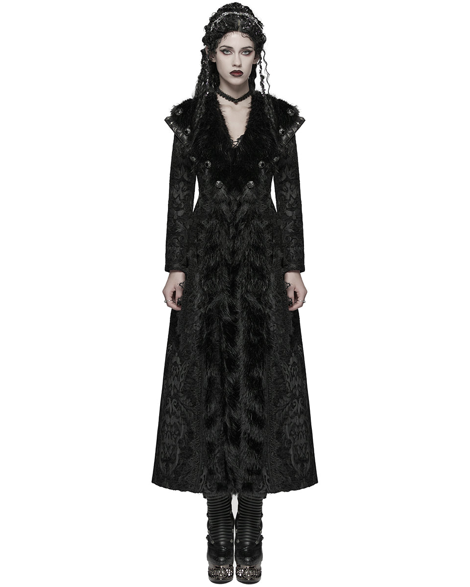 WY-1808XCF Womens Long Gothic Aristocrat Jacquard & Faux Fur Winter Coat