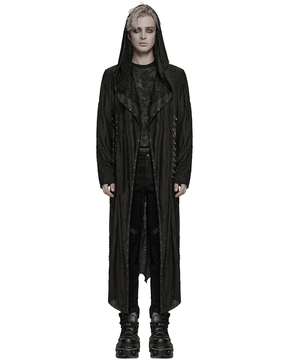 WY-1795XCM-BKM Mens Apocalyptic Gothic Broken Knit Hooded Piercing Cloak Jacket