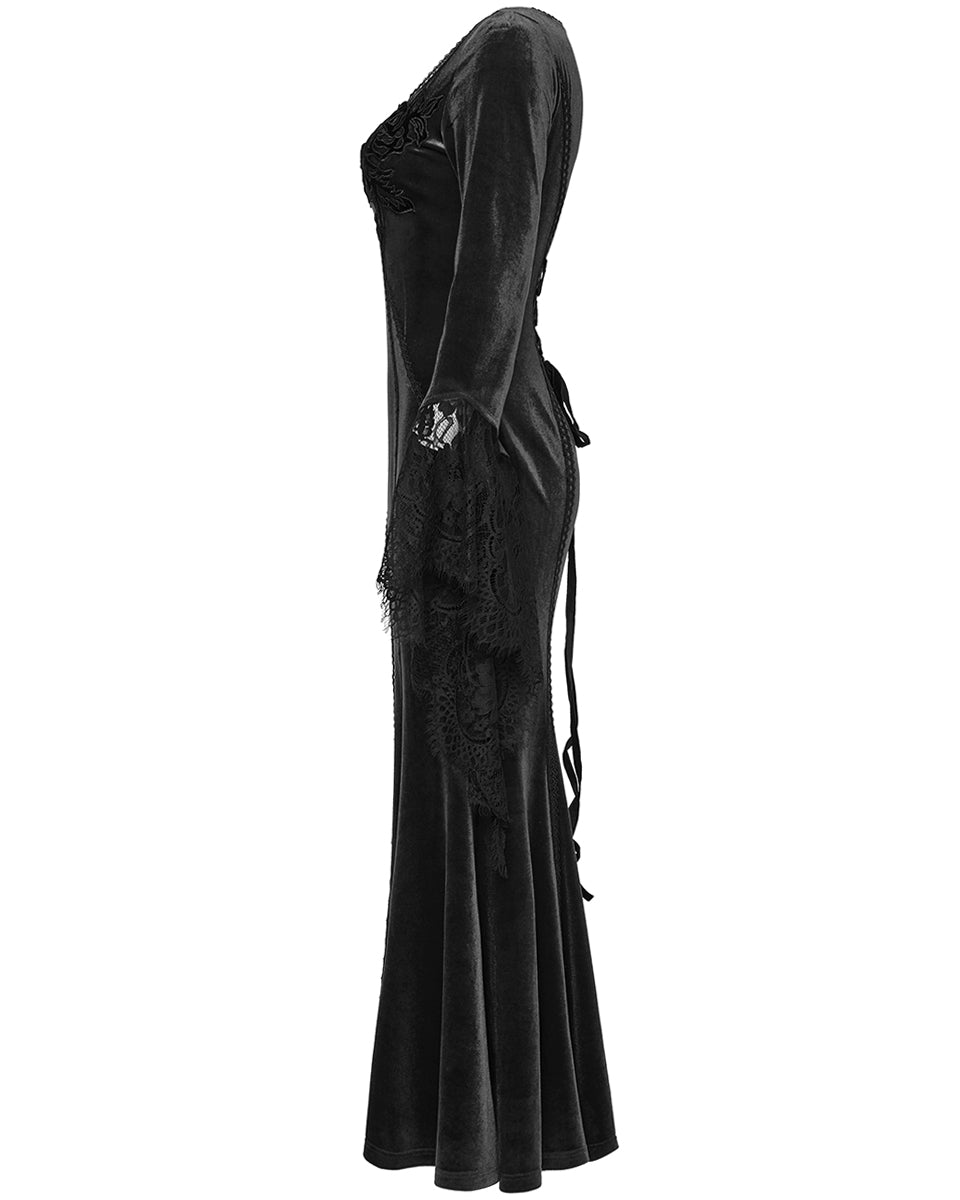OQ-850LQF Daily Life Womens Long Gothic Velvet Applique Maxi Dress - Black