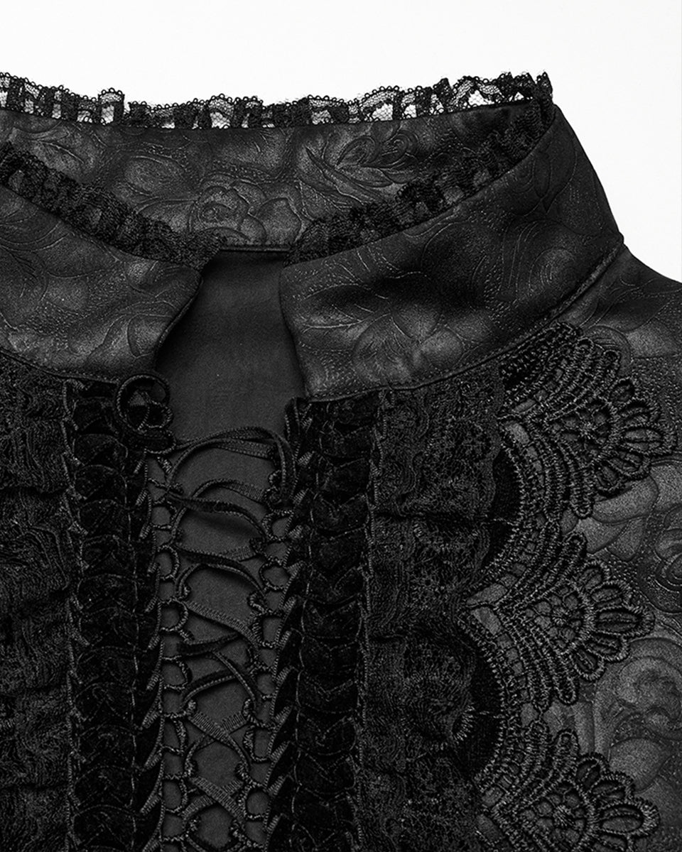 WY-1785 Mens Gothic Embossed Print Lace-Up Pirate Shirt - Black