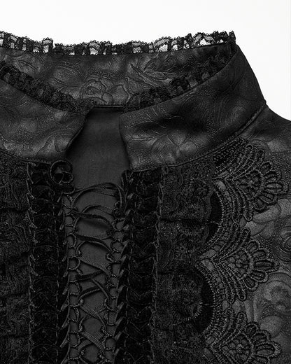 WY-1785 Mens Gothic Embossed Print Lace-Up Pirate Shirt - Black