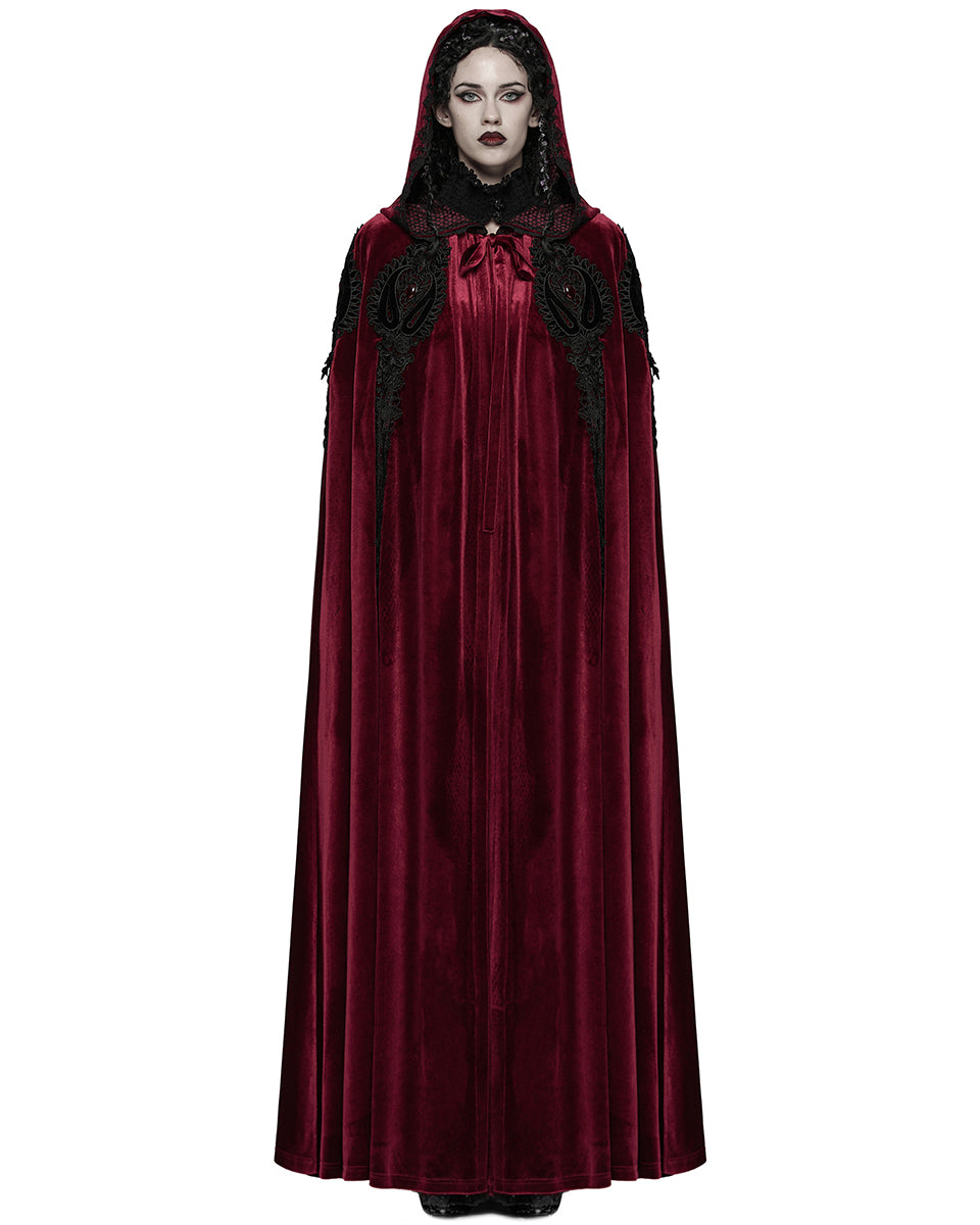 WY-1824DPF Womens Long Gothic Velvet & Lace Applique Hooded Cloak - Red & Black