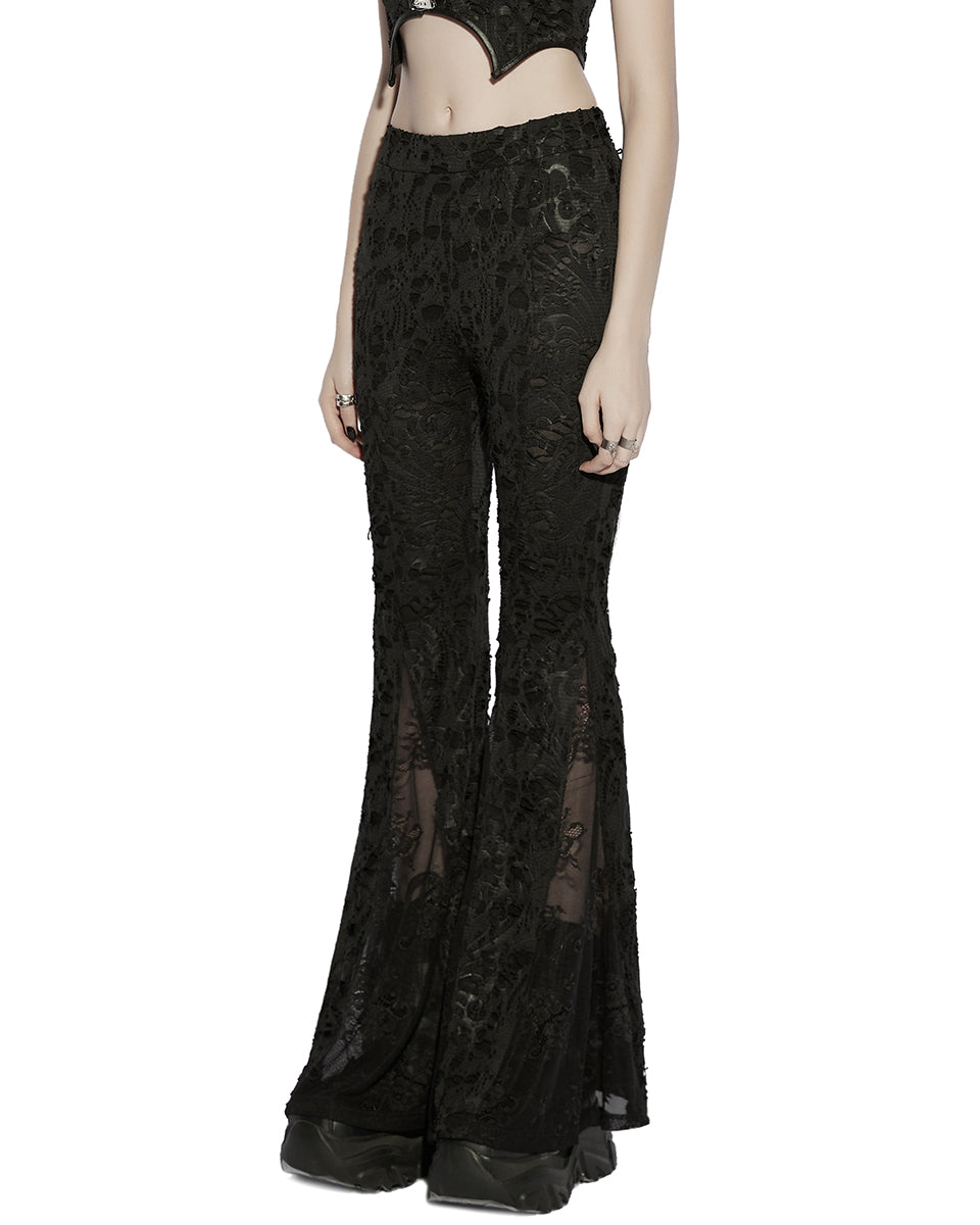 PR-OK-726XCF-BKF Daily Life Womens Apocalyptic Gothic Shredded Jacquard & Lace Flared Leggings
