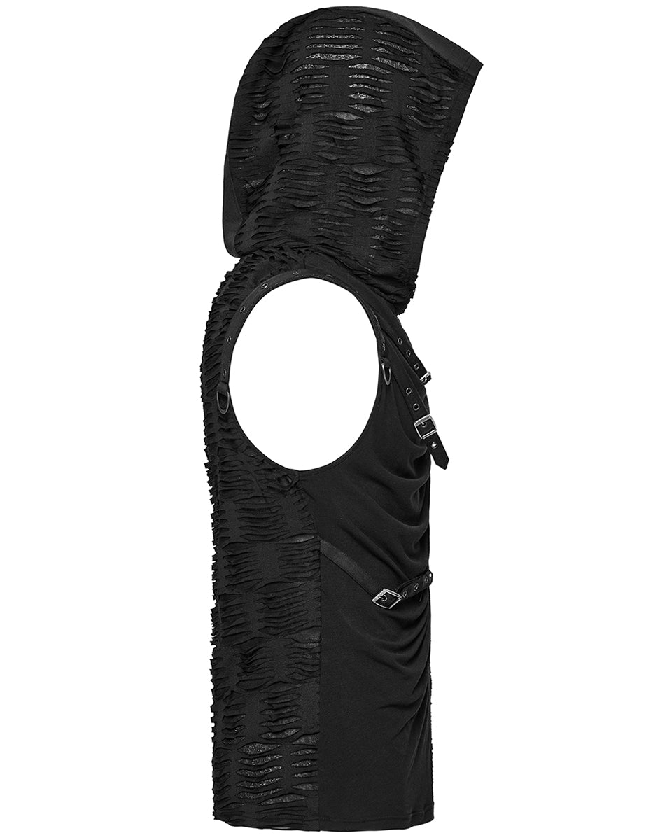 WT-1003BXM-BKM Mens Apocalyptic Gothic Spliced & Shredded Hooded Tank Top Vest