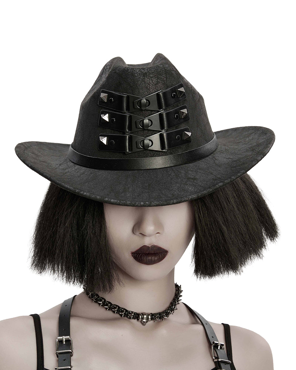 WS-859MZ Unisex Distressed Faux Leather Strapping Fedora Hat