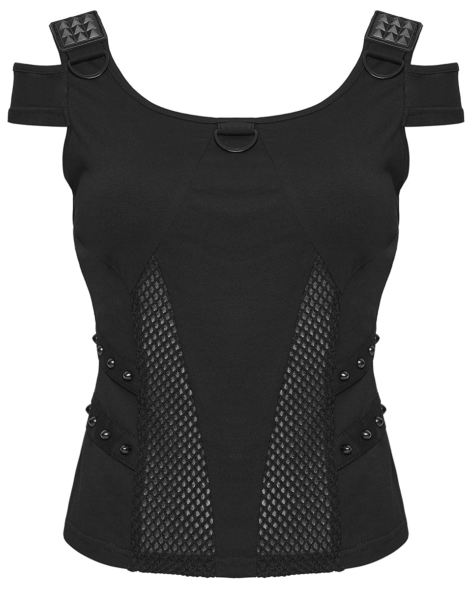 WT-1065TDF Womens Apocalyptic Gothic Studded Mesh Inset T-Shirt Top