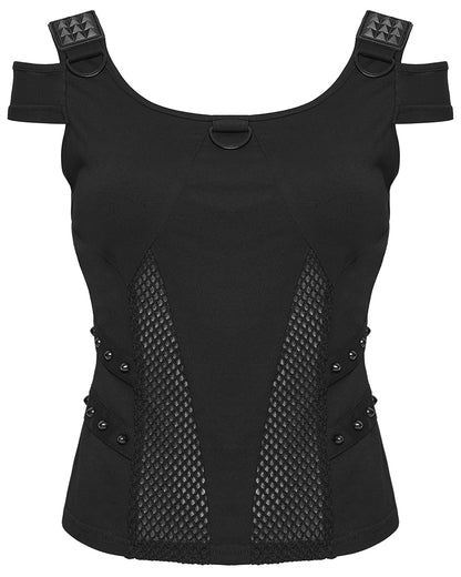 WT-1065TDF Womens Apocalyptic Gothic Studded Mesh Inset T-Shirt Top