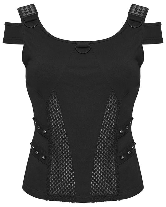 WT-1065TDF Womens Apocalyptic Gothic Studded Mesh Inset T-Shirt Top