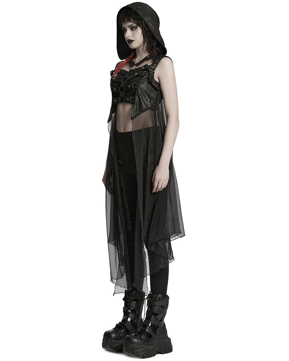 WY-1711MJF-BKF Womens Gothic Cyberpunk Hooded Harness Chiffon Cloak Cape