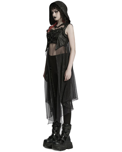 WY-1711MJF-BKF Womens Gothic Cyberpunk Hooded Harness Chiffon Cloak Cape
