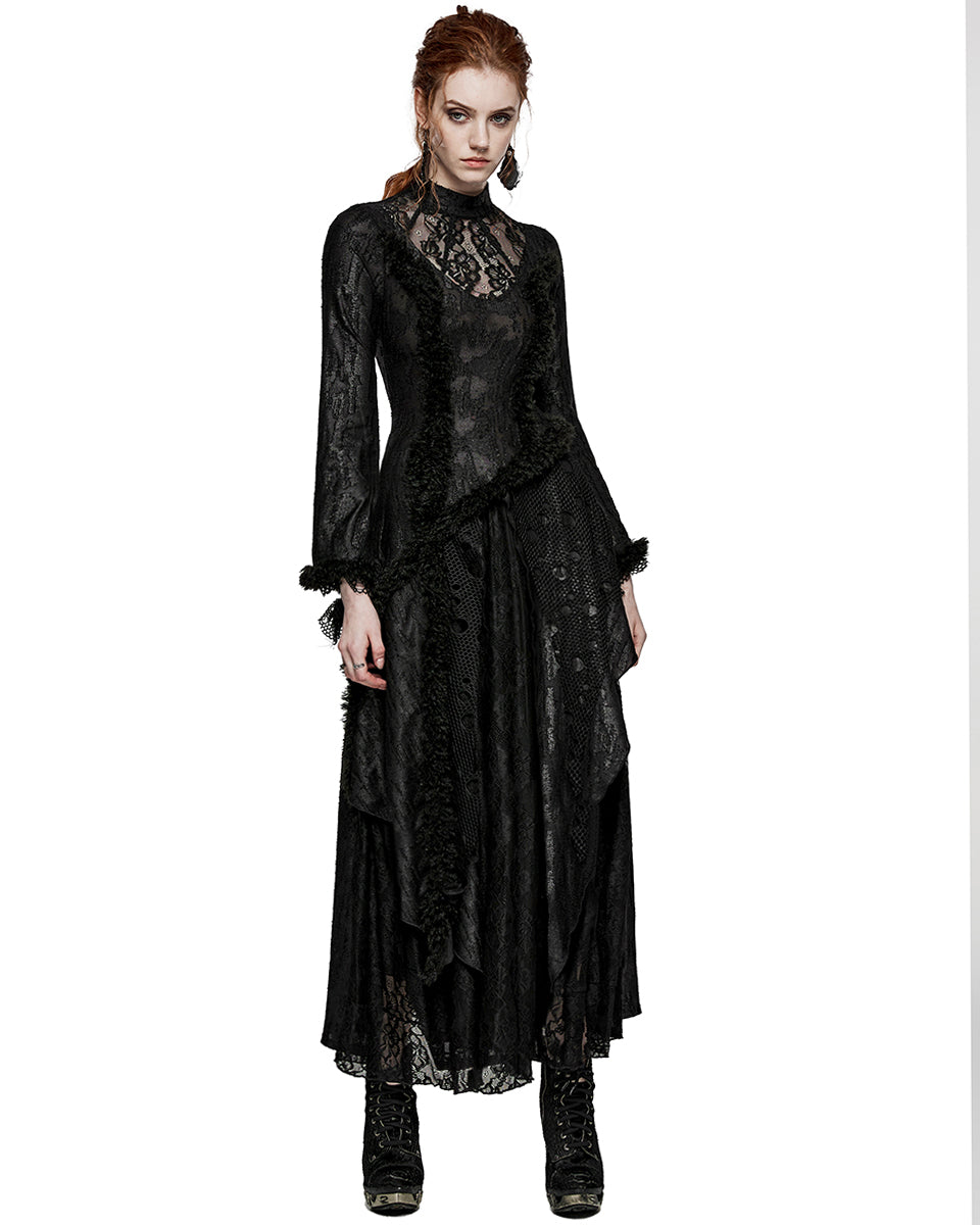 PR-WQ-643LQF-BKF Womens Dark Apocalyptic Shredded Mesh & Lace Splicing Maxi Dress