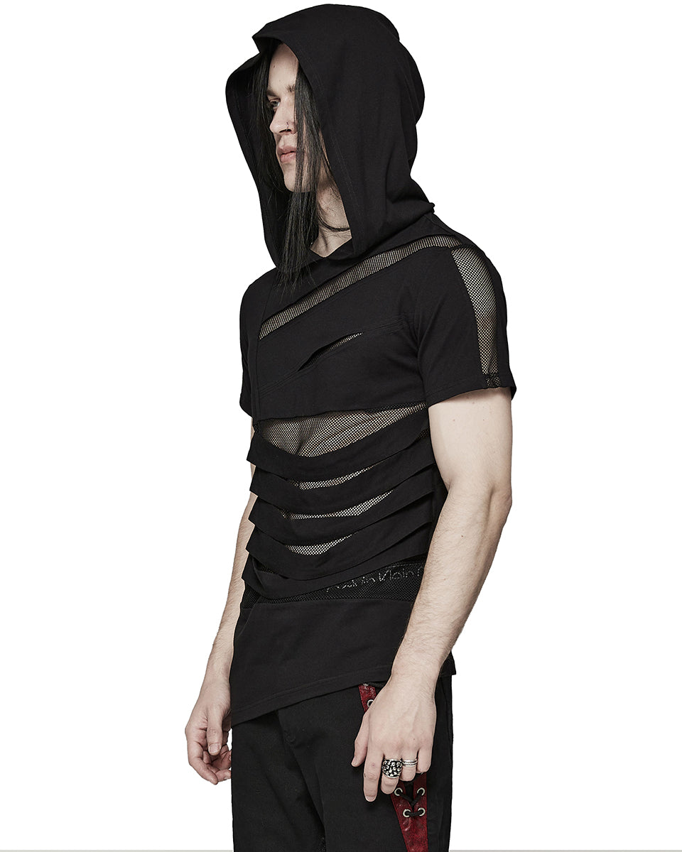 PR-T774-BKM Mens Gothic Punk Shredded Mesh Inset Hooded T Shirt Top