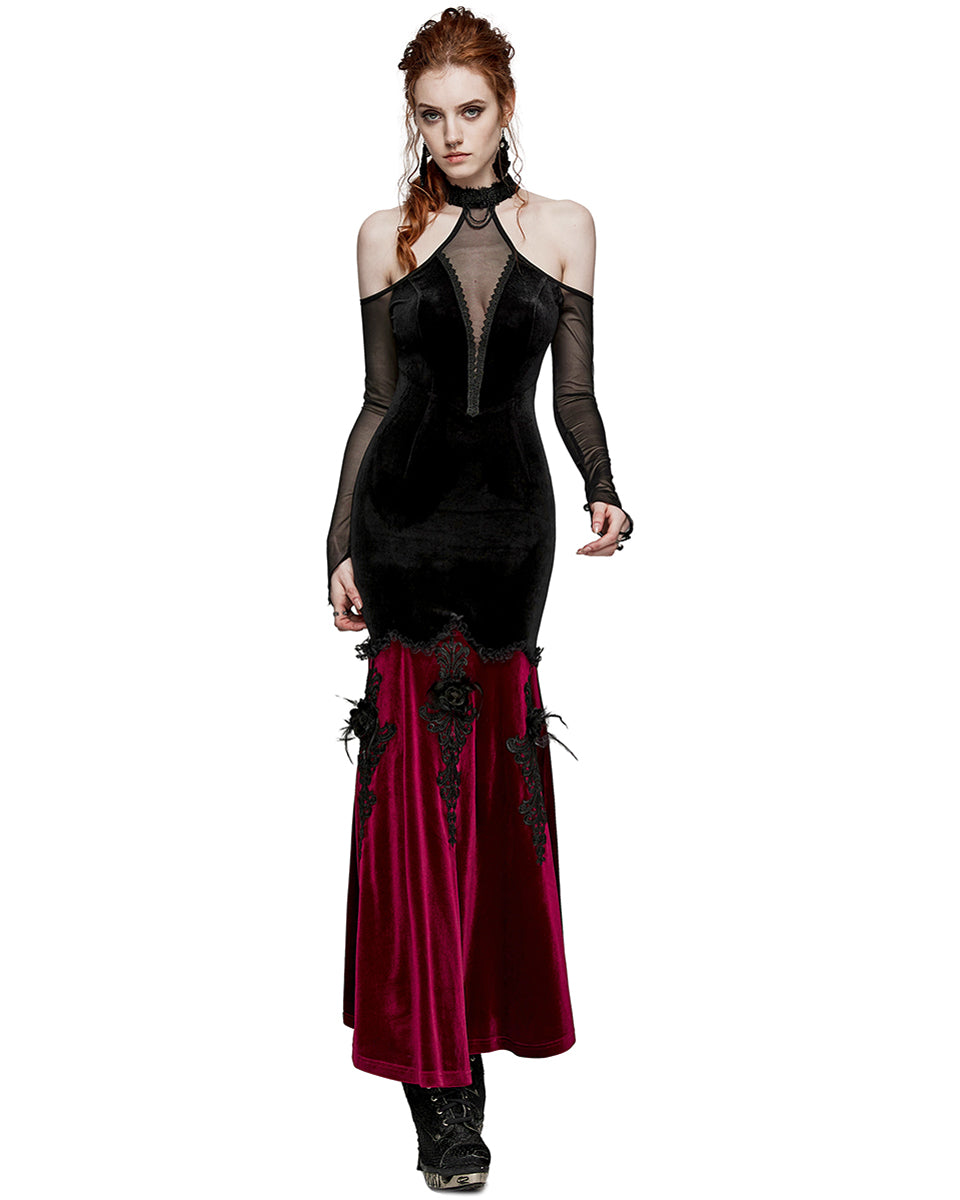 PR-WQ-658LQF-BKRDF Womens Dark Regency Gothic Velvet & Mesh Evening Dress - Black & Red