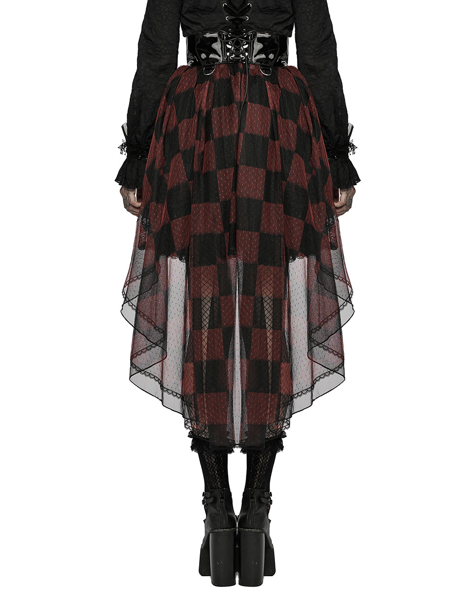 PR-LQ103-BKPRFPyon Pyon Womens Gothic Lolita Sheer Mesh Half-Skirt - Black & Red Check