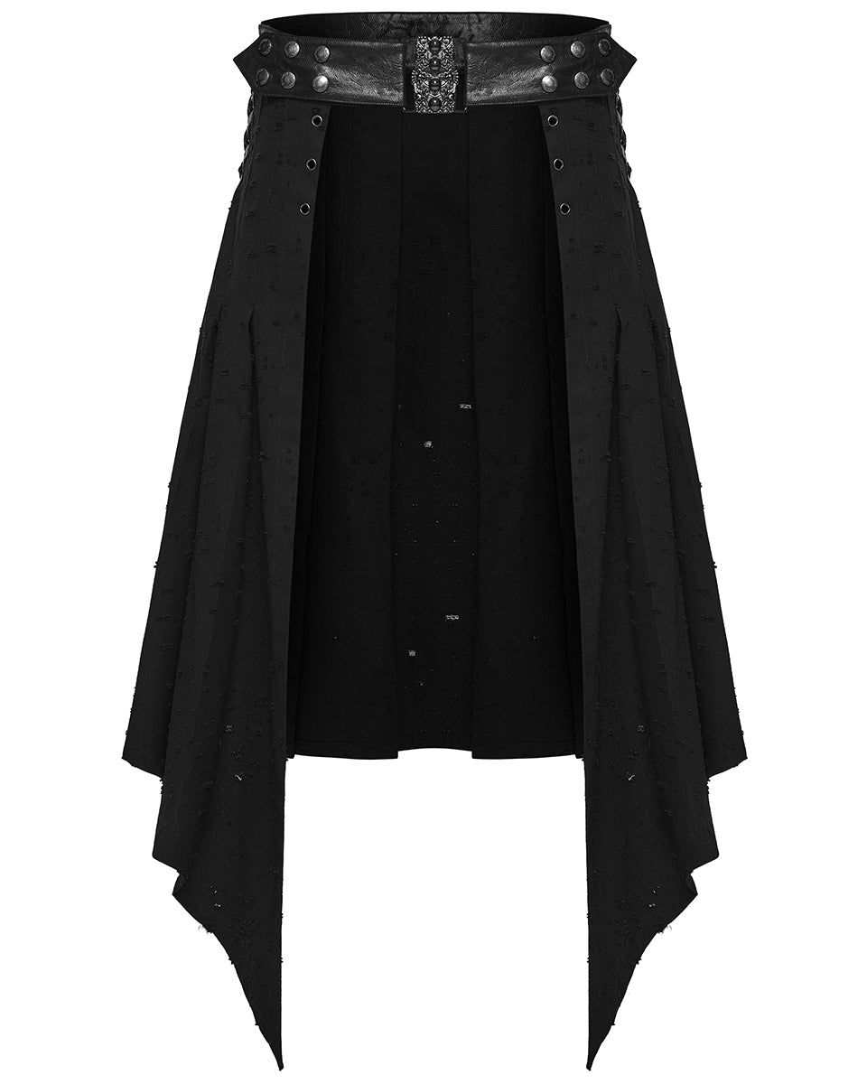 PR-WQ-975BQM-BKM Mens Apocalyptic Gothic Wasteland Distressed Half-Skirt Kilt