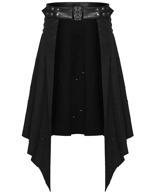 PR-WQ-975BQM-BKM Mens Apocalyptic Gothic Wasteland Distressed Half-Skirt Kilt
