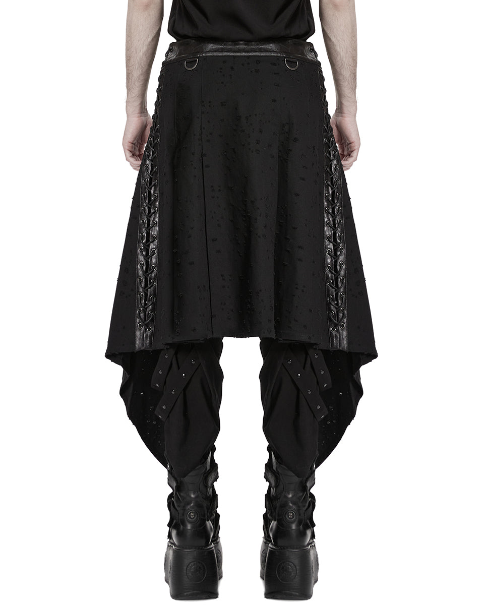 PR-WQ-975BQM-BKM Mens Apocalyptic Gothic Wasteland Distressed Half-Skirt Kilt