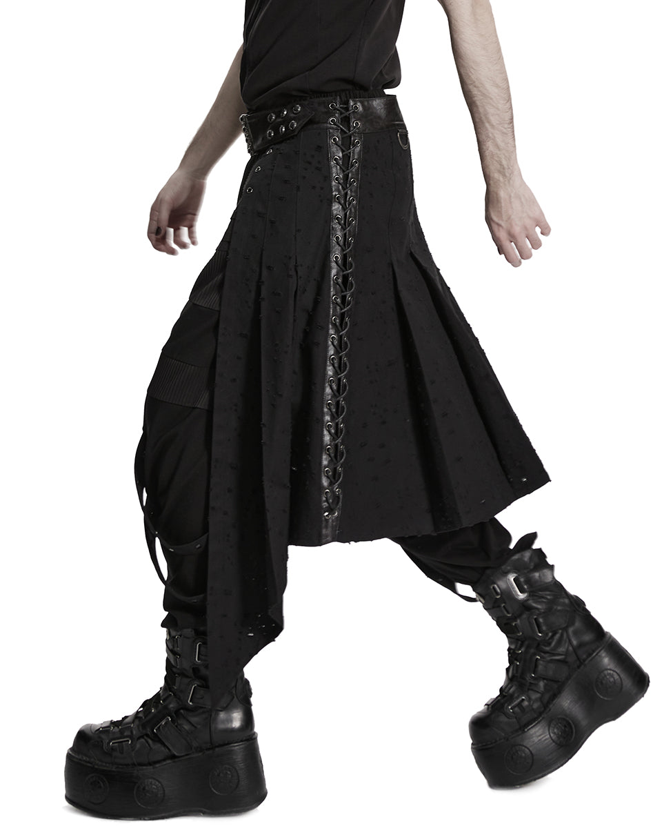 PR-WQ-975BQM-BKM Mens Apocalyptic Gothic Wasteland Distressed Half-Skirt Kilt