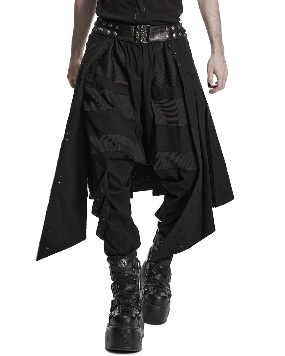 PR-WQ-975BQM-BKM Mens Apocalyptic Gothic Wasteland Distressed Half-Skirt Kilt
