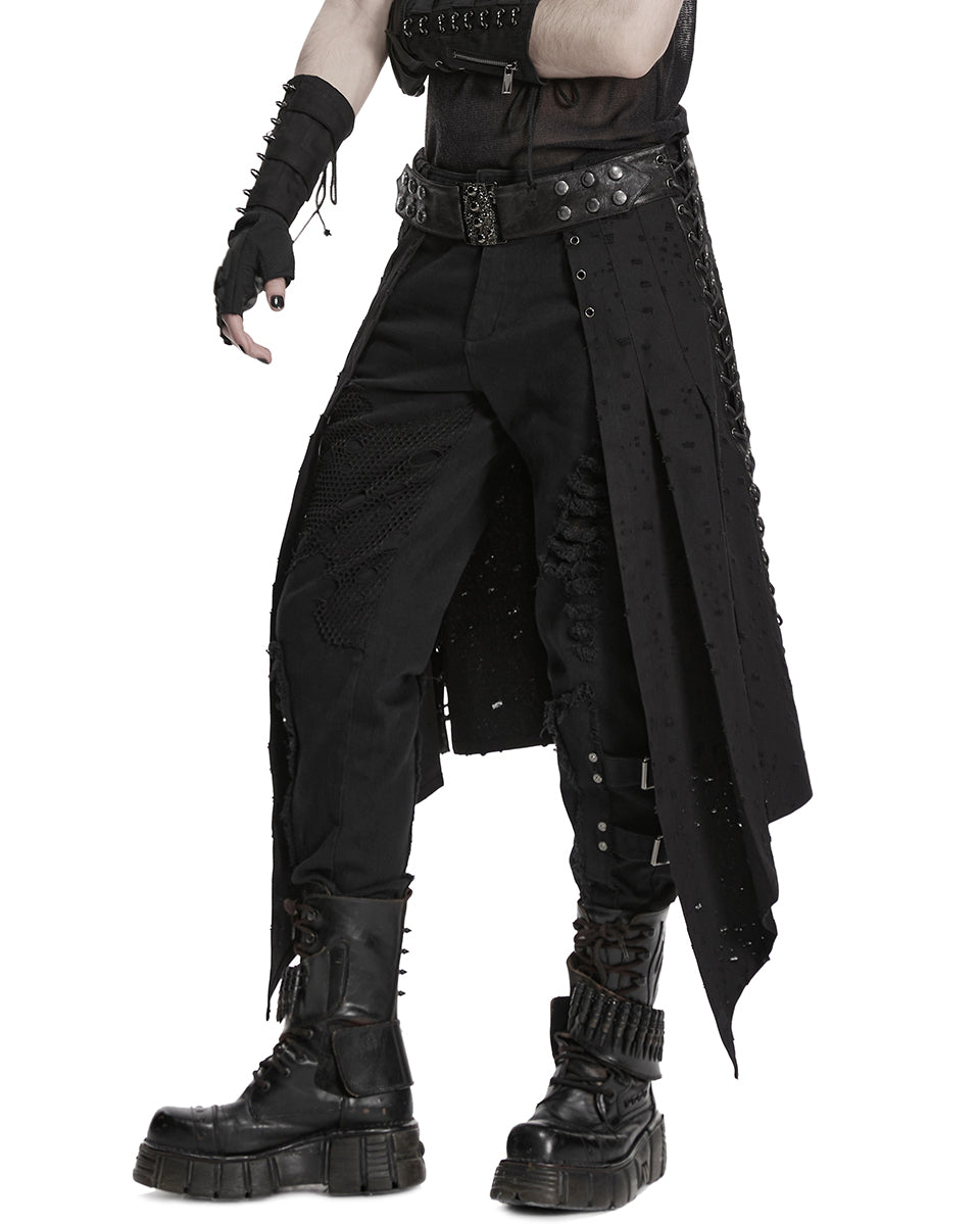 PR-WQ-975BQM-BKM Mens Apocalyptic Gothic Wasteland Distressed Half-Skirt Kilt