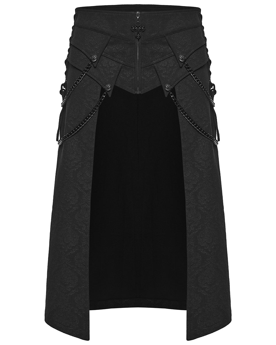 PR-WQ-984BQM-BKM Mens Dark Gothic Damask Chained Half-Skirt Kilt