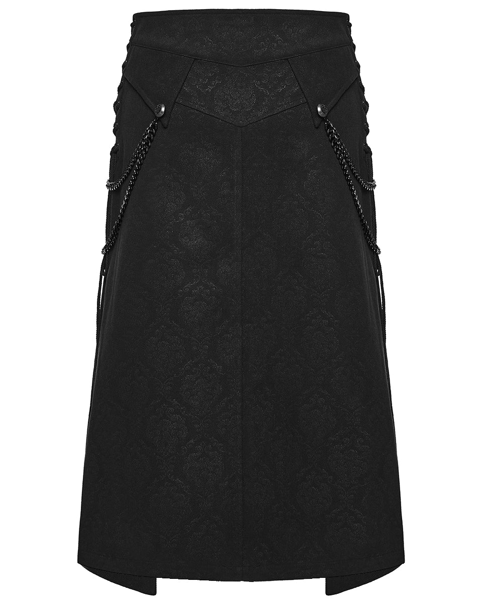PR-WQ-984BQM-BKM Mens Dark Gothic Damask Chained Half-Skirt Kilt